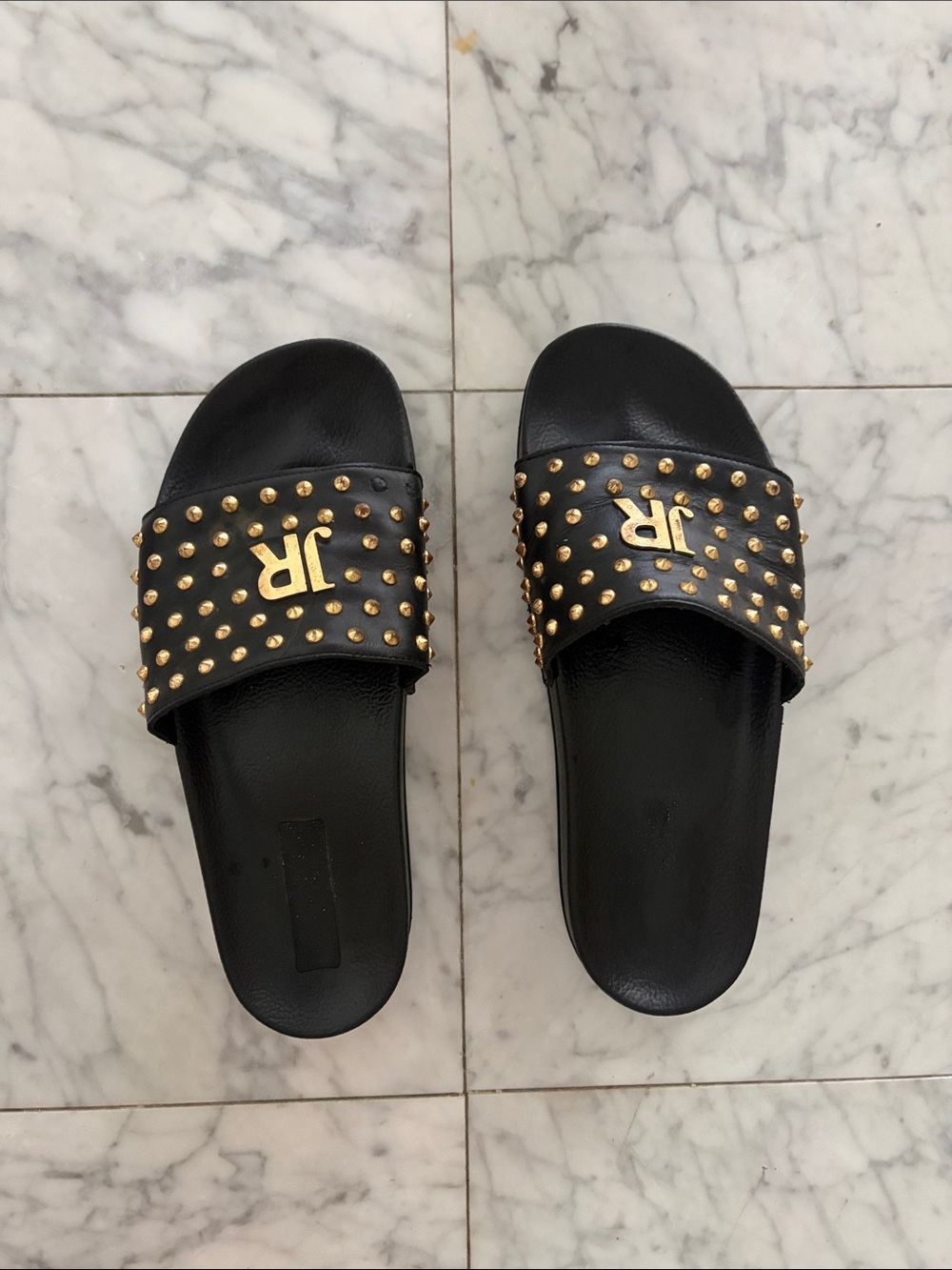 John Richmond Black Slide Sandals with Gold Studs and Logo
